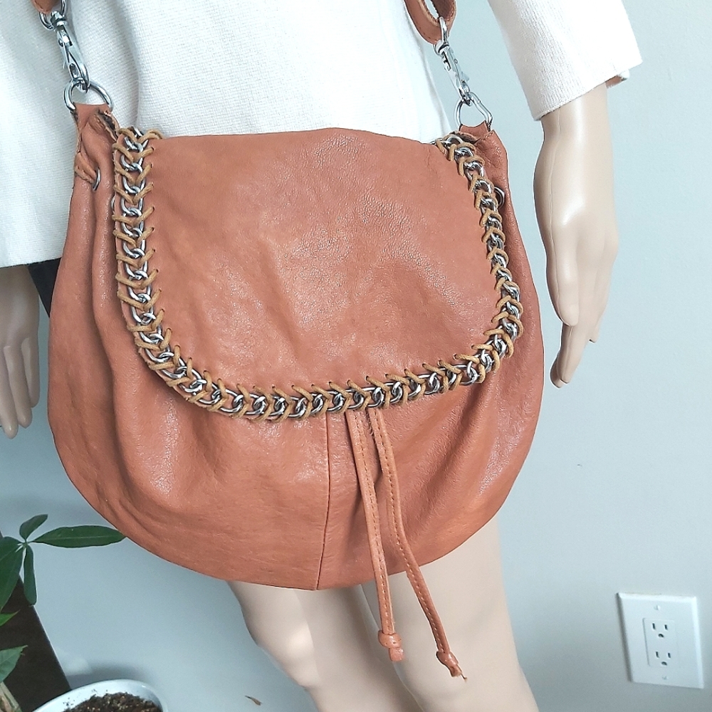 Genni Y2K brown leather crossbody bag western boho chain detail